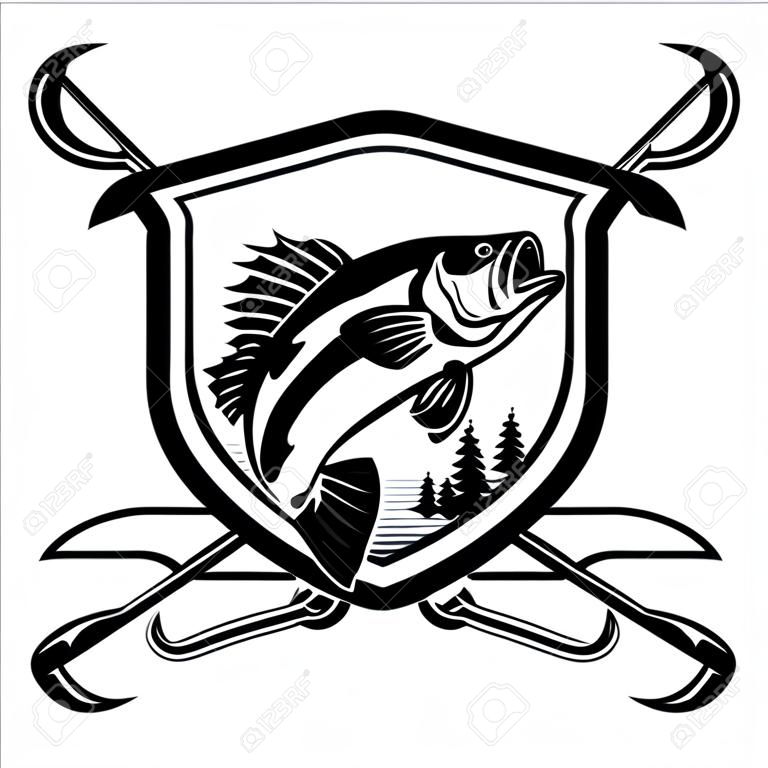 釣りのロゴ。テンプレートクラブのエンブレムとベースの魚.釣りテーマベクトルイラスト。白で隔離されています。
