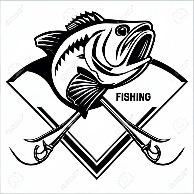 Fishing logo. Bass fish with template club emblem. Fishing theme vector illustration. Isolated on white.