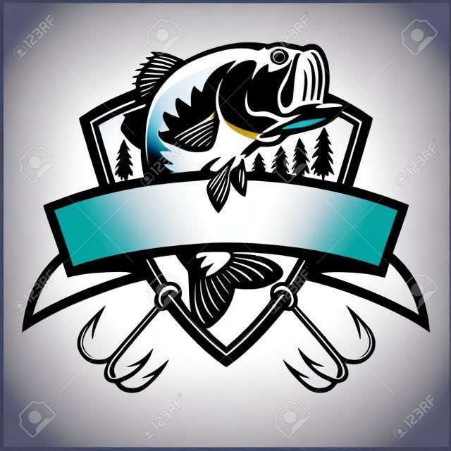 Logo wędkarskie. Ryba basowa z godłem klubu szablon. Ilustracja wektorowa tematu połowów. Na białym tle.