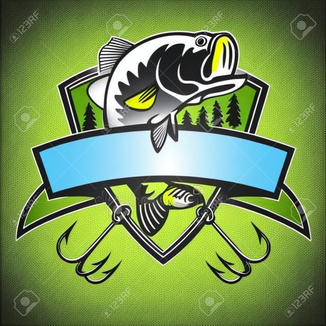 Logo wędkarskie. Ryba basowa z godłem klubu szablon. Ilustracja wektorowa tematu połowów. Na białym tle.