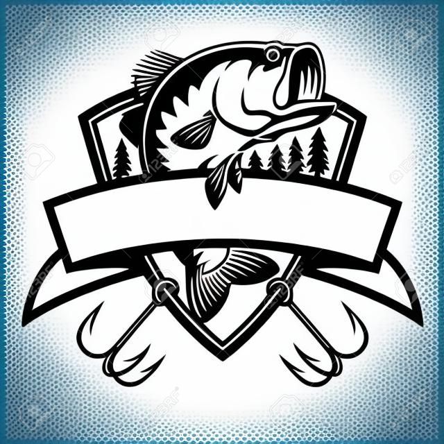 Fishing logo. Bass fish with template club emblem. Fishing theme vector illustration. Isolated on white.
