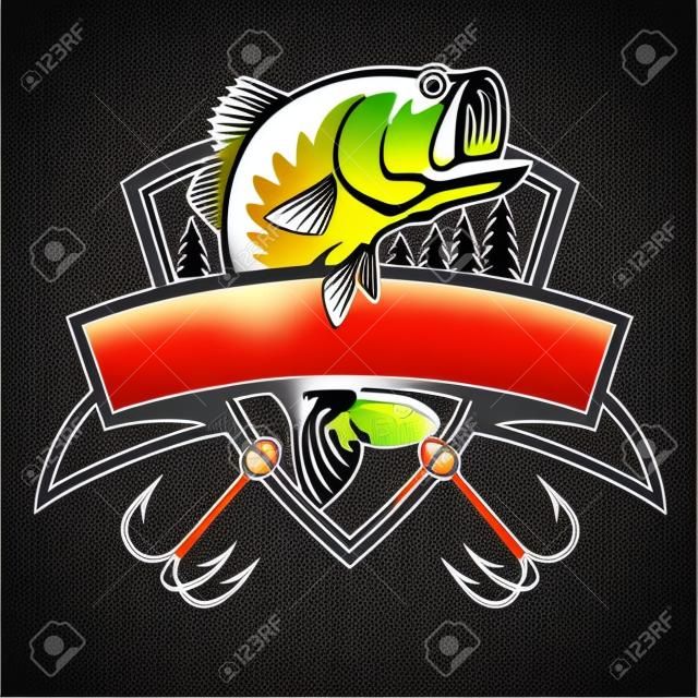 Angeln-Logo. Bassfisch mit Schablonenvereinemblem. Angeln Thema Vektor-Illustration. Getrennt auf Weiß.