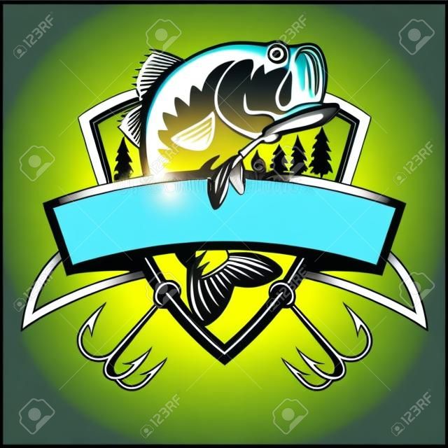 釣りのロゴ。テンプレートクラブのエンブレムとベースの魚.釣りテーマベクトルイラスト。白で隔離されています。