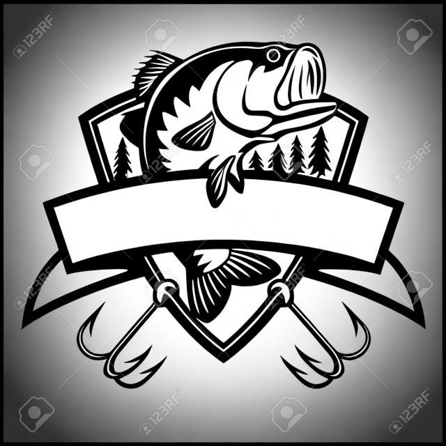 Angeln-Logo. Bassfisch mit Schablonenvereinemblem. Angeln Thema Vektor-Illustration. Getrennt auf Weiß.