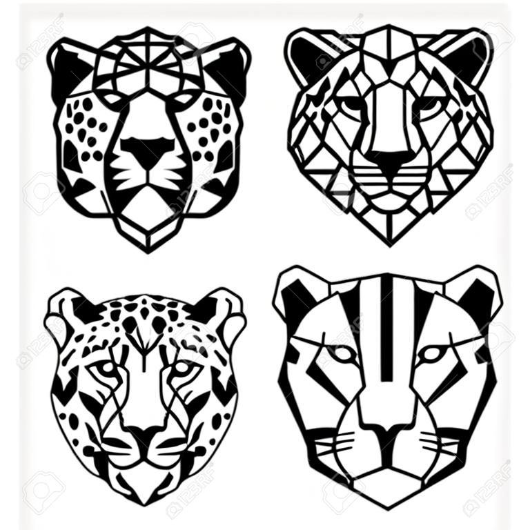 Gepard und Panter - Tierkopfsymbole. Geometrische Vektorgrafiken von Wildtieren.