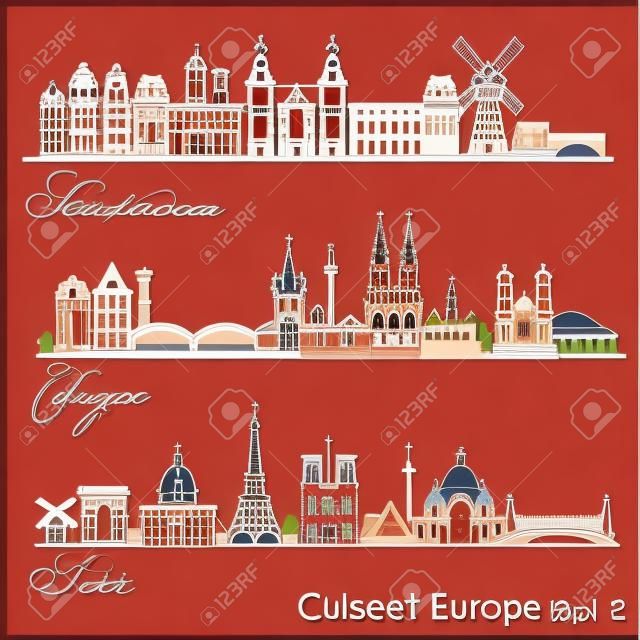 City in Europe - Amsterdam, Cologne, Paris. Detailed architecture. Trendy vector illustration.
