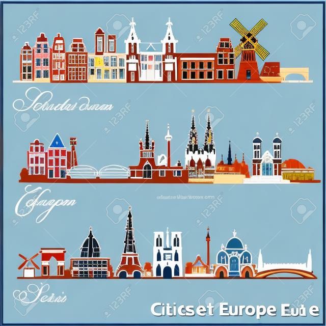 Città in Europa - Amsterdam, Colonia, Parigi. Architettura dettagliata. Illustrazione vettoriale alla moda.