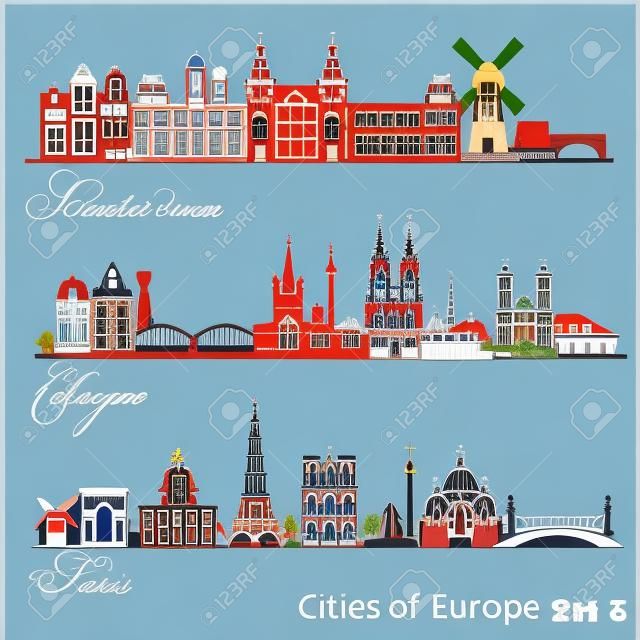 City in Europe - Amsterdam, Cologne, Paris. Detailed architecture. Trendy vector illustration.