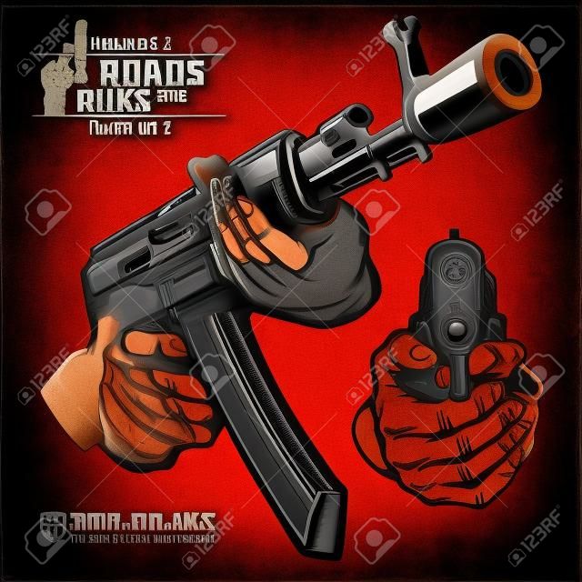 Manos con rifle AK y pistola - rifle y pistola con punta. A punta de pistola