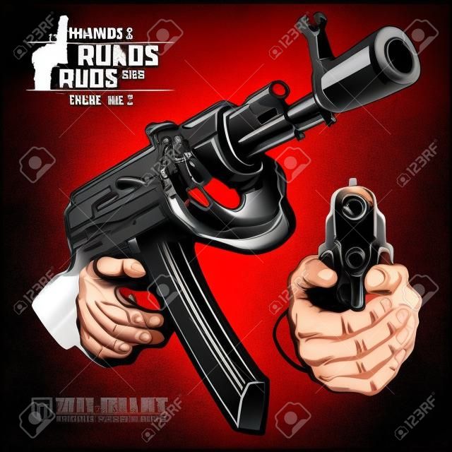 Manos con rifle AK y pistola - rifle y pistola con punta. A punta de pistola