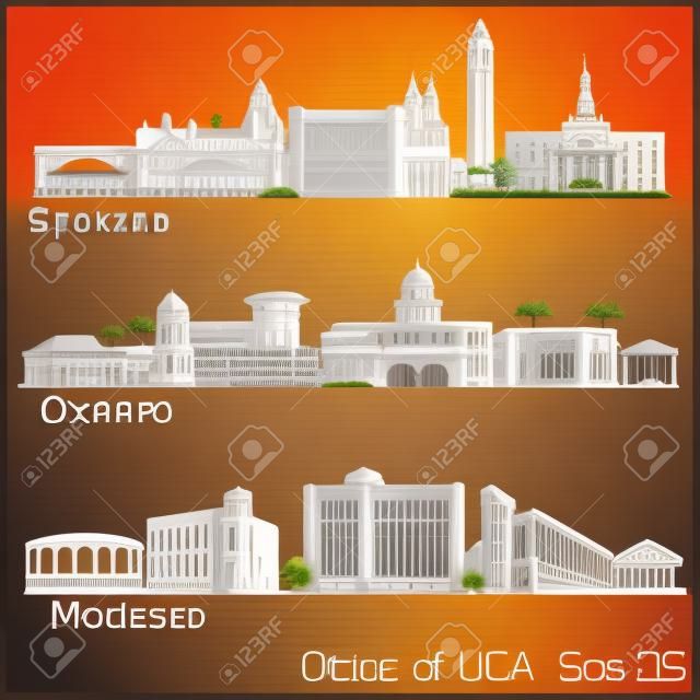 Cities of USA - Oxnard, Modesto, Spokane. Detailed architecture. Trendy vector illustration.