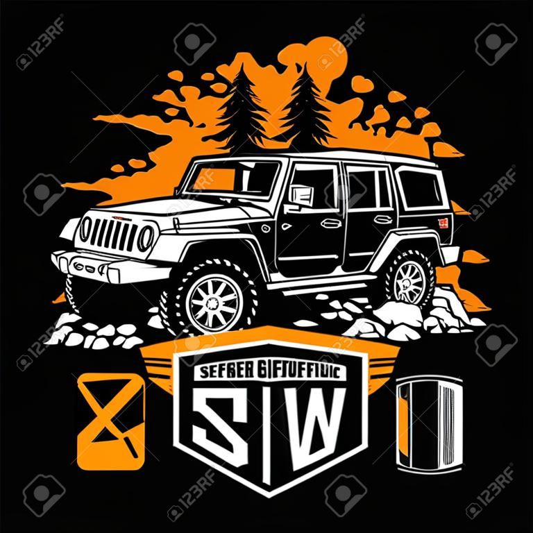 Suv car on black - elements for tshirt and emblem - vector set