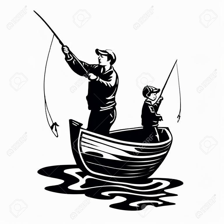 Hijo y papá en barco - diseño de pesca - pescadores de padre e hijo