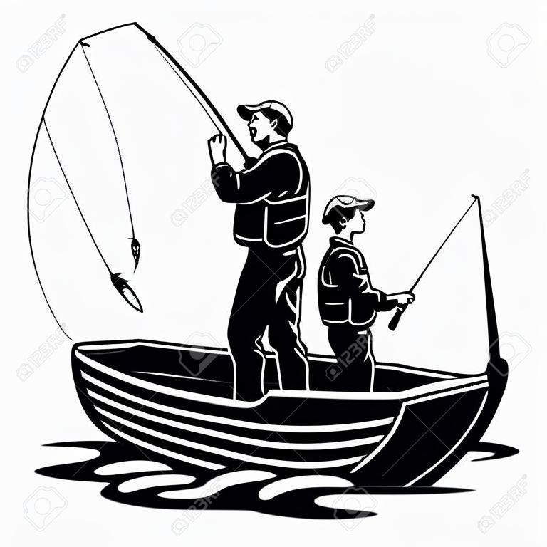 Hijo y papá en barco - diseño de pesca - pescadores de padre e hijo