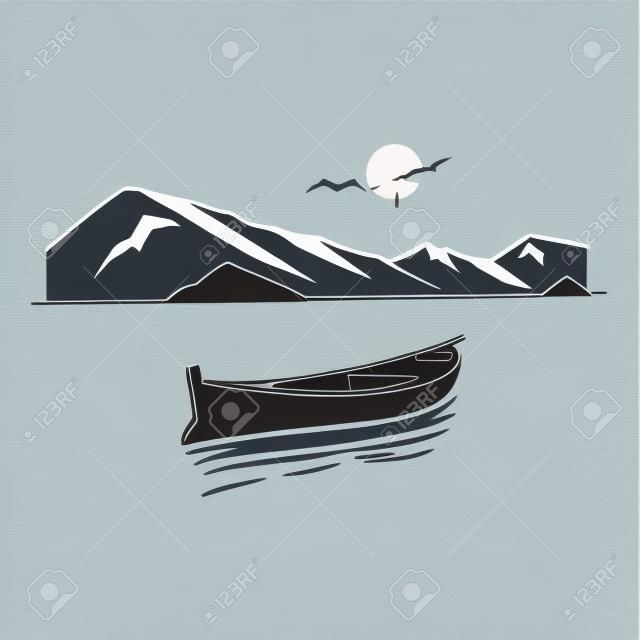 barca sul lago, Chalet, paesaggio di montagna - Stencil di fauna selvatica - Silhouette di montagna per Cricut, clipart di fauna selvatica, png Taglia file, vettore, disegno di camicia in vinile.