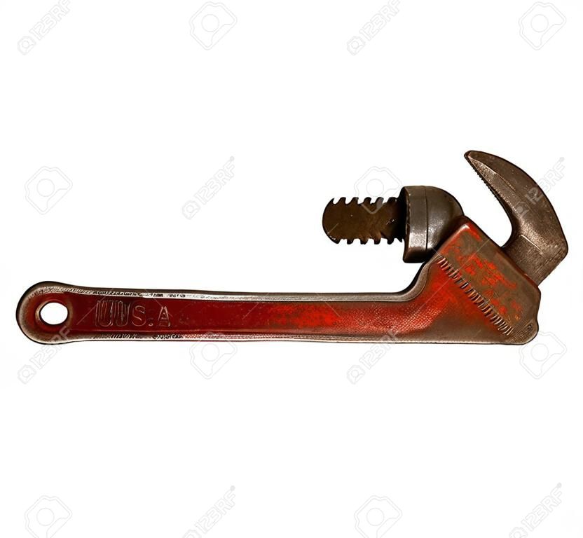 vintage pipe wrench isolated over a white background with made in U.S.A. on handle