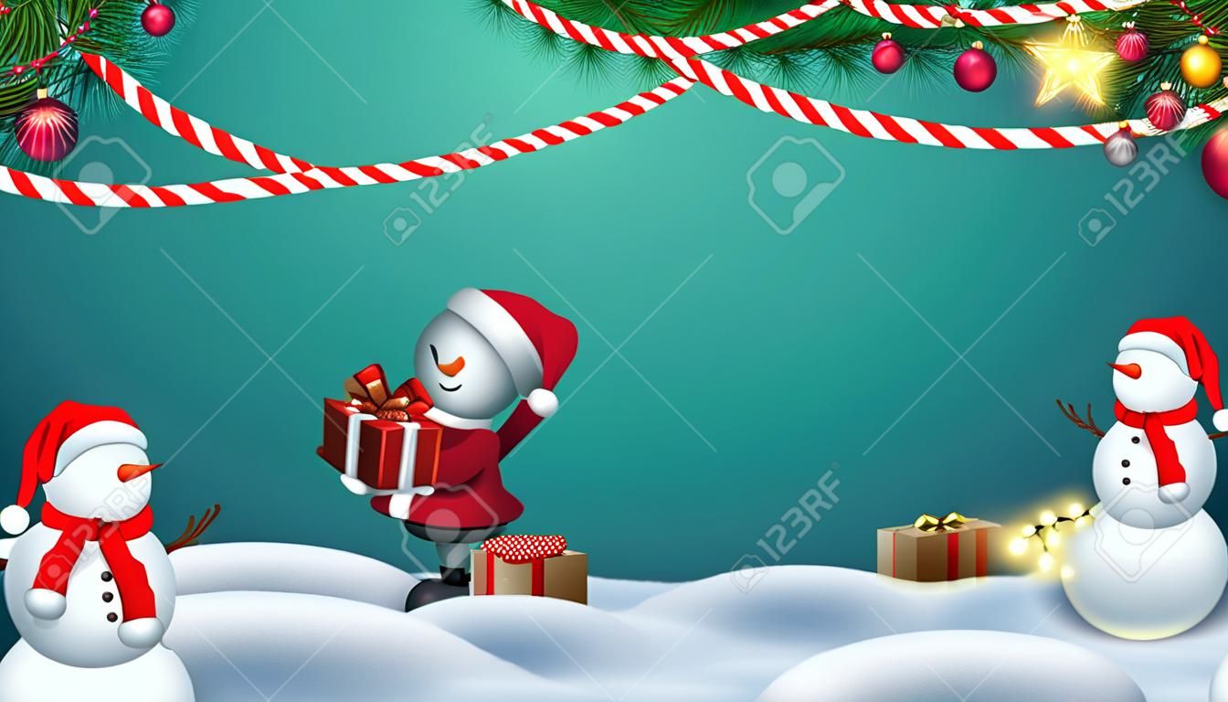 Kerstmis groen blanco sjabloon voor uw kunsten met plaats voor tekst, bloemenslingers, frame van lijnen, sneeuw driften, dennen en sneeuwpop in Santa Claus hoed met geschenken