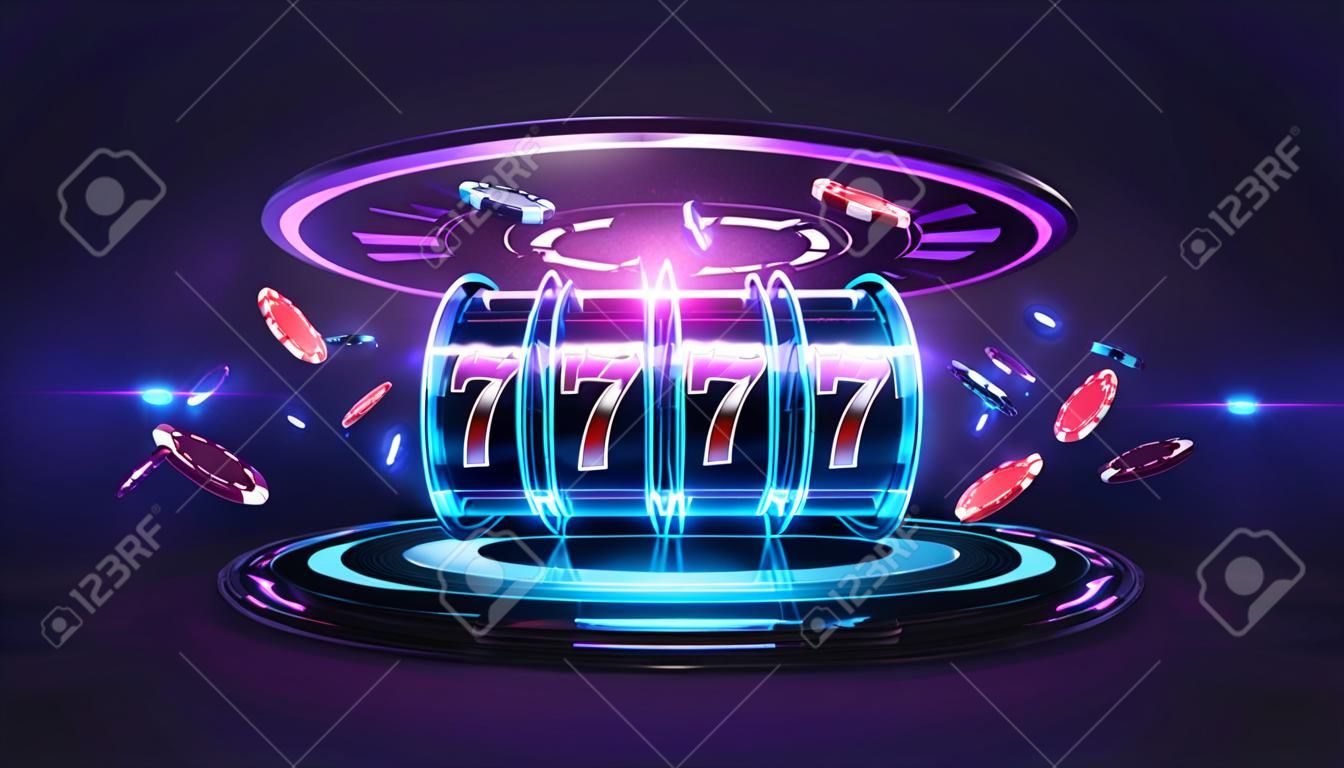 Neonowy automat kasynowy z jackpotem, żetonami do pokera i hologramem cyfrowych pierścieni w ciemnej pustej scenie