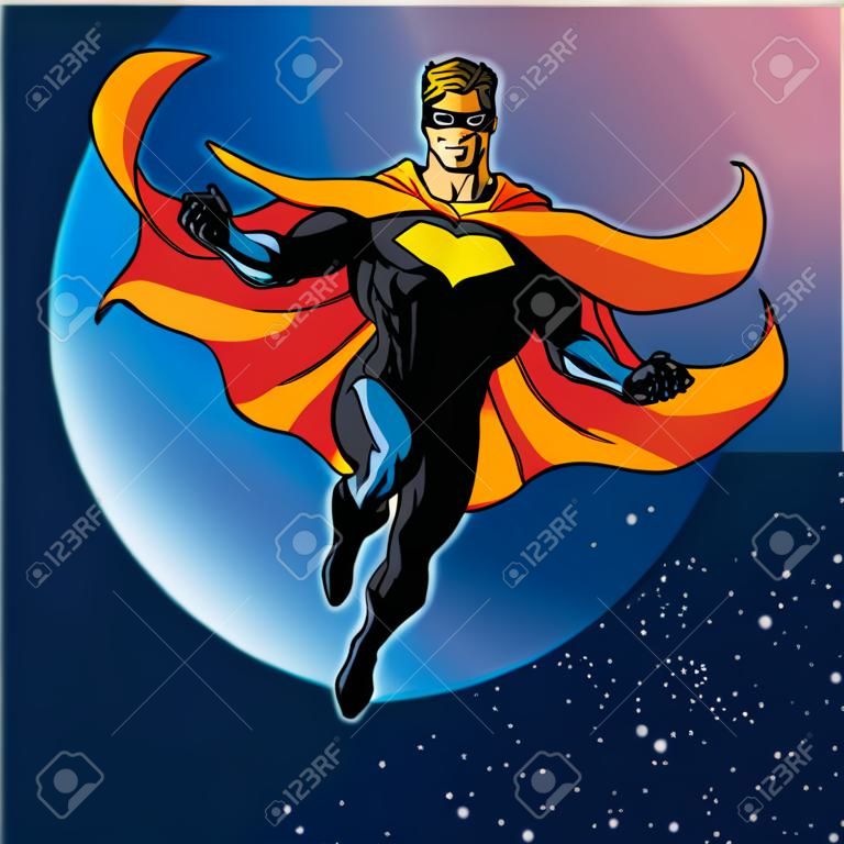 Super hero with cape flying above a planet 