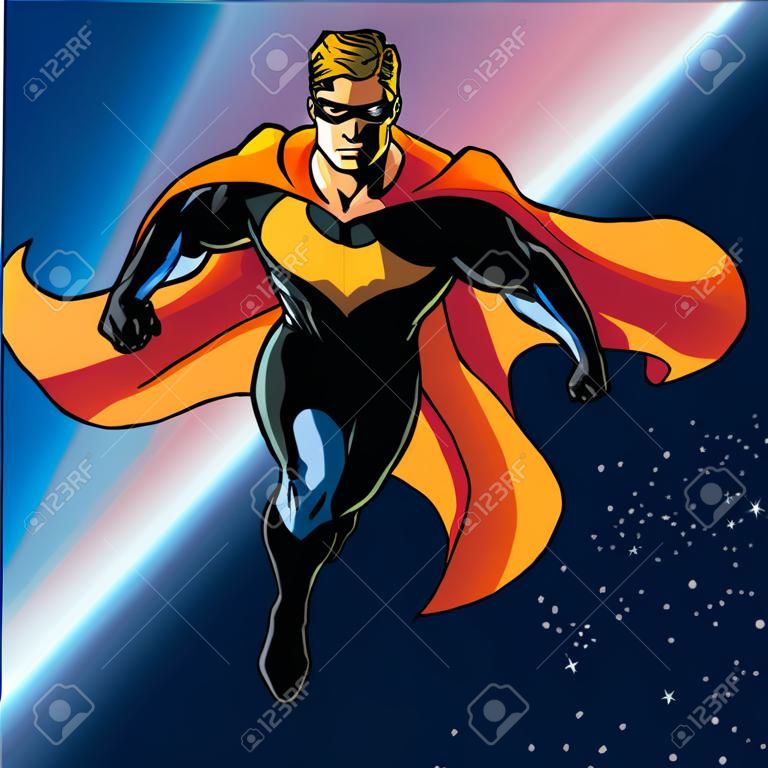 Super hero with cape flying above a planet 