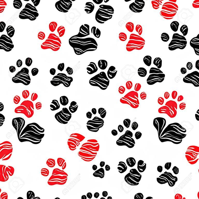 Naadloze patroon met doodle hondenpootjes. Zwarte en rode kleur dier print. Vector achtergrond.