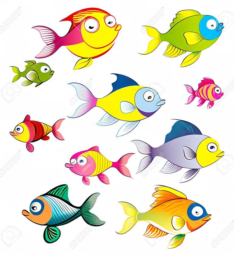 Семья рыб, карикатуры и векторные иллюстрации