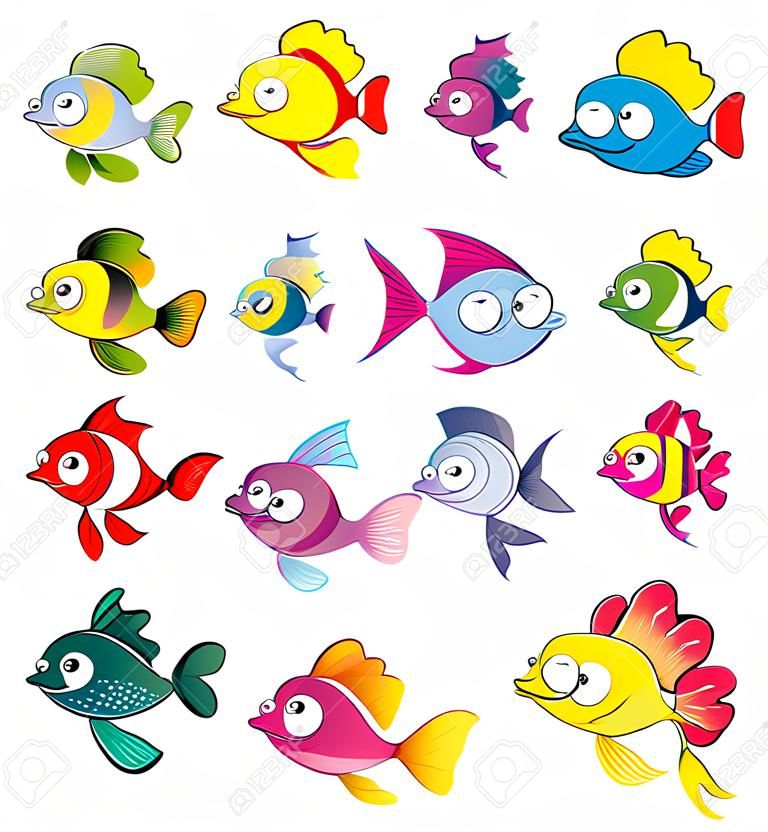 Семья рыб, карикатуры и векторные иллюстрации