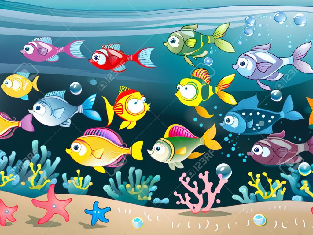 Famiglia di pesci nell'oceano, cartoon e illustrazione vettoriale