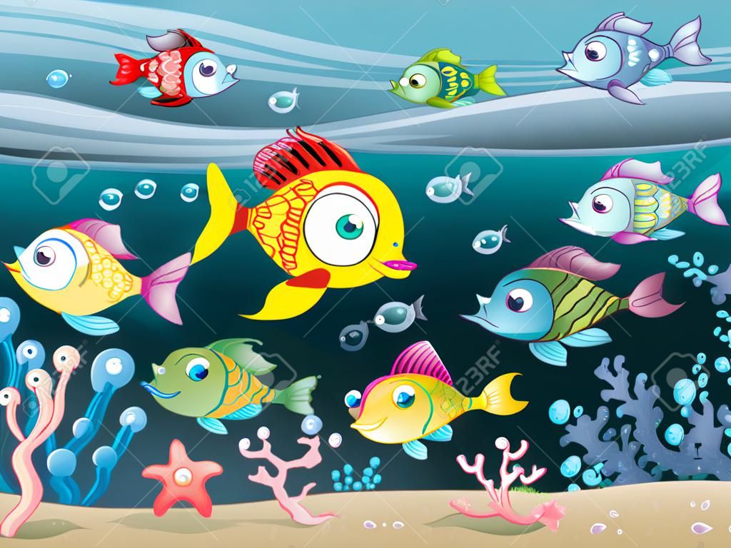 Famiglia di pesci nell'oceano, cartoon e illustrazione vettoriale