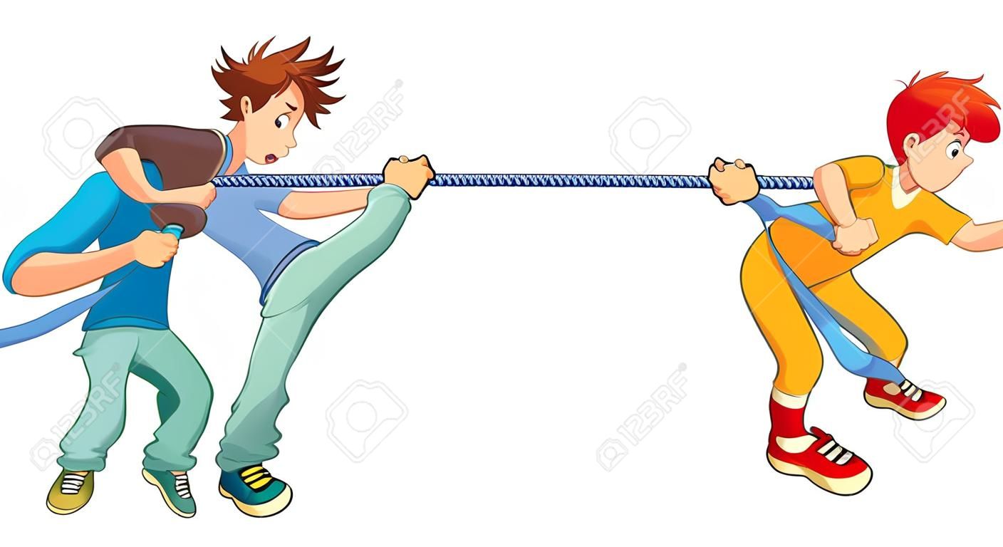 Tug of war. Funny cartoon and young characters.