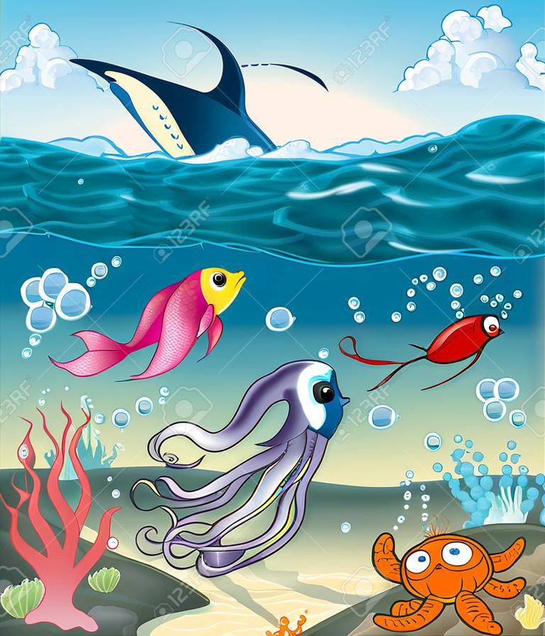 Pod powierzchniÄ… morza z ryb i innych zwierzÄ…t. Åšmieszne kreskÃ³wki i ilustracji wektorowych.