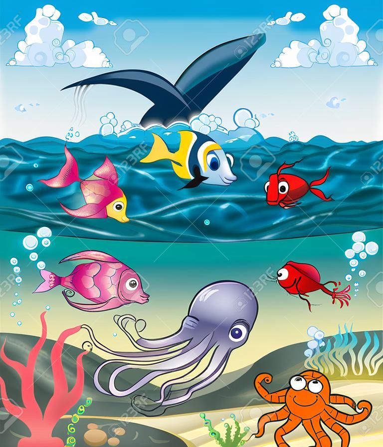 Bajo el mar con peces y otros animales. Divertidos dibujos animados e ilustración vectorial.