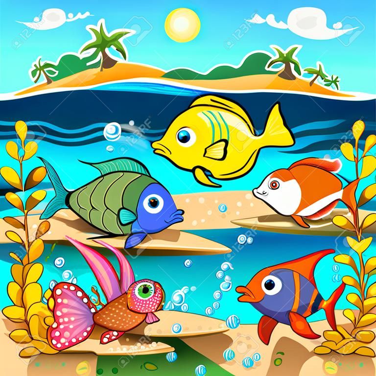 Familia de peces divertido en el mar. Vector ilustración y el dibujo.
