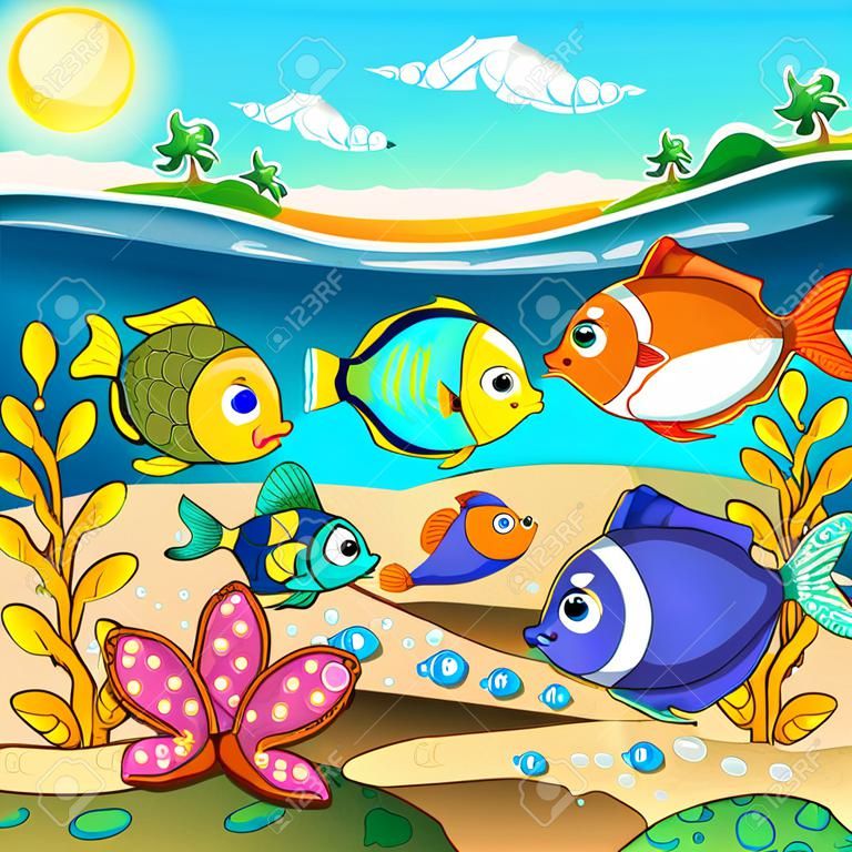 Family of funny fish in the sea. Vector and cartoon illustration. 