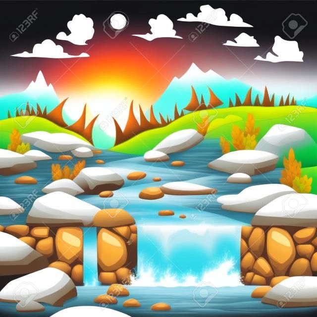 Mountain landscape with river. Cartoon and vector illustration