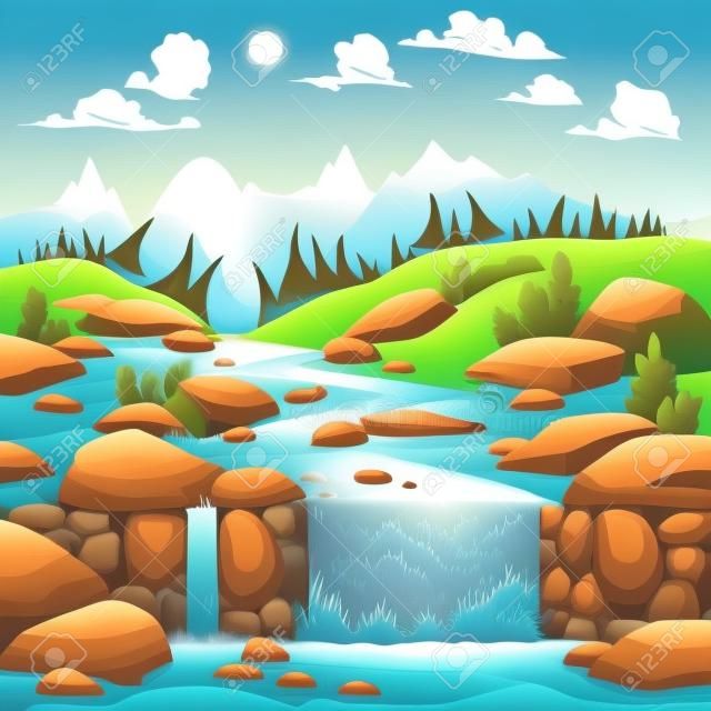 Paisaje de montaña con el río. Dibujos animados e ilustración vectorial