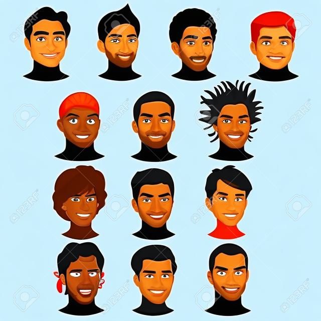 Indiennes hommes, noirs, asiatiques et latino. Vecteur isolé avatars.