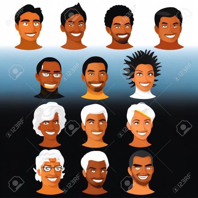 Indiennes hommes, noirs, asiatiques et latino. Vecteur isolé avatars.