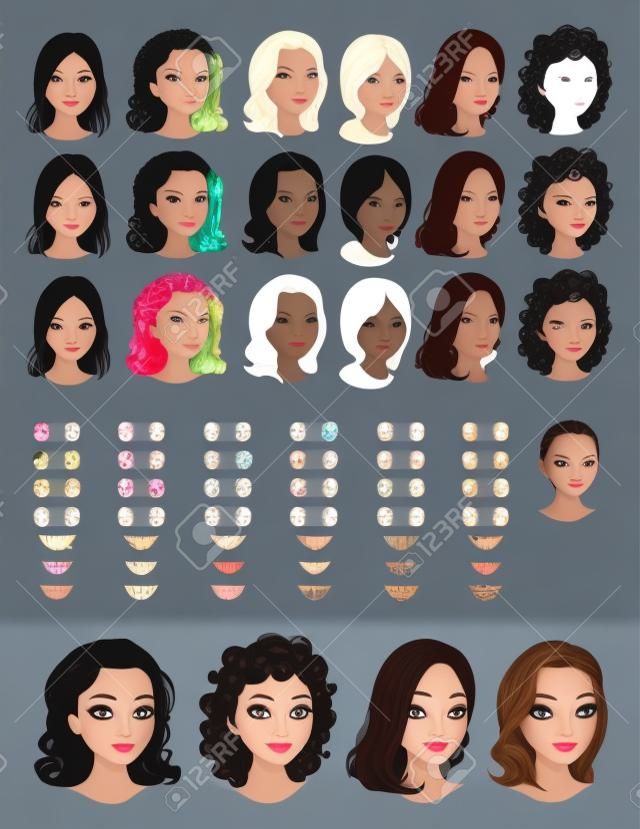 Moda avatares femininos. 18 penteados, 18 olhos, 18 bocas, 1 cabeça, para várias combinações. Nesta imagem, algumas visualizações. Arquivo vetorial, objetos isolados.