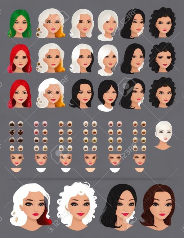 Los avatares de la moda femenina. 18 peinados, 18 ojos, 18 bocas, 1 cabeza, para múltiples combinaciones. En esta imagen, algunas previstas. El fichero del vector, objetos aislados.