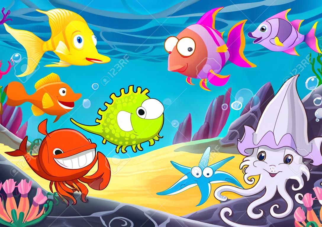 Animali felici divertenti sotto il mare. Vector cartoon illustrazioni