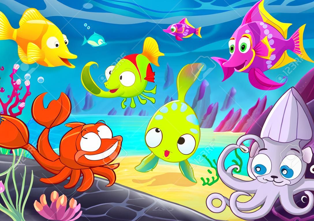 Animali felici divertenti sotto il mare. Vector cartoon illustrazioni