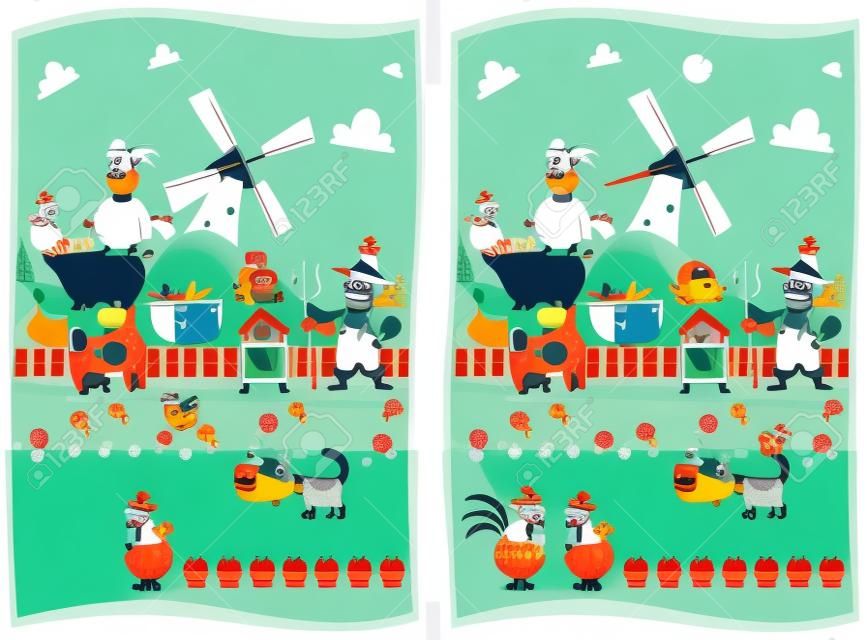 Spot the differences. Two images with ten changes between them, vector and cartoon illustrations