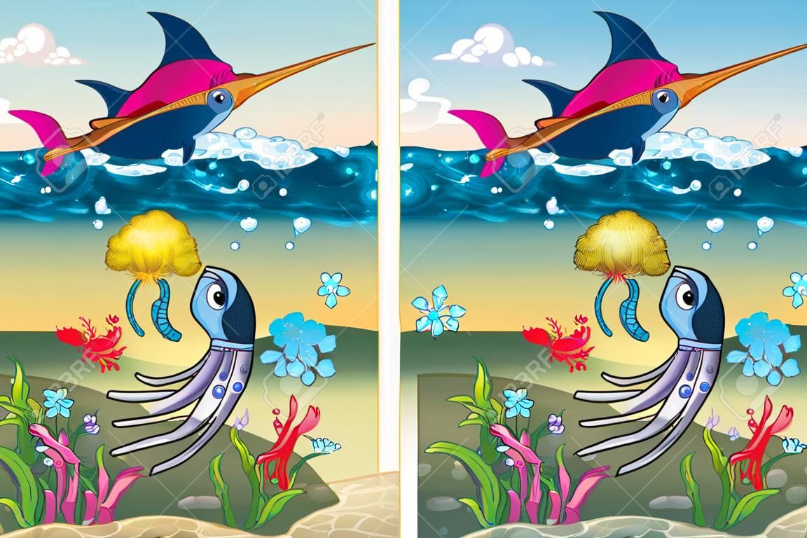 Encuentra las diferencias. Dos imágenes con siete cambios entre ellos, el vector y ilustraciones de dibujos animados