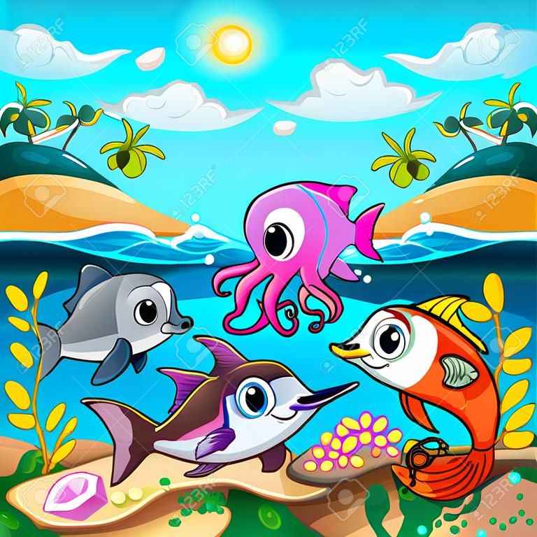 Funny marine animals in the sea. Vector cartoon illustration