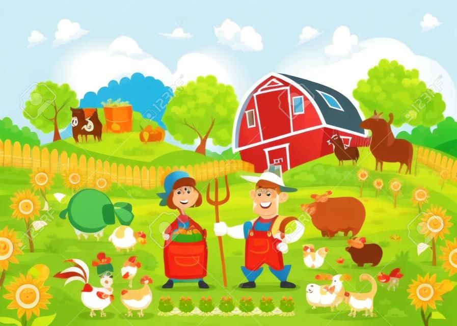 Funny farm scene with animals and farmers . Cartoon and vector illustration