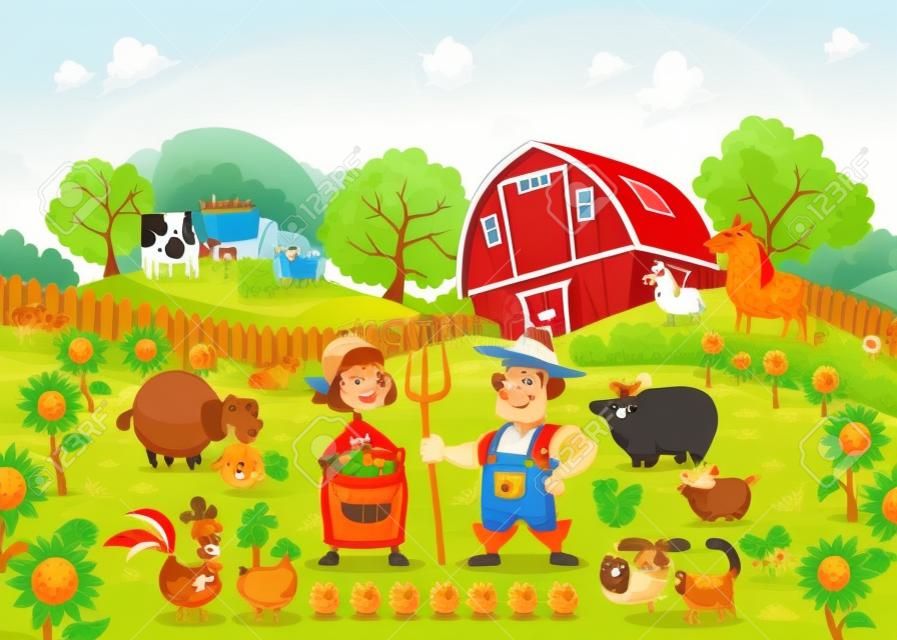 Funny farm scene with animals and farmers . Cartoon and vector illustration