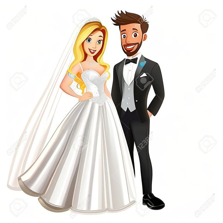 Noivo e noivo no dia do casamento. Vetor isolado personagens de desenhos animados.