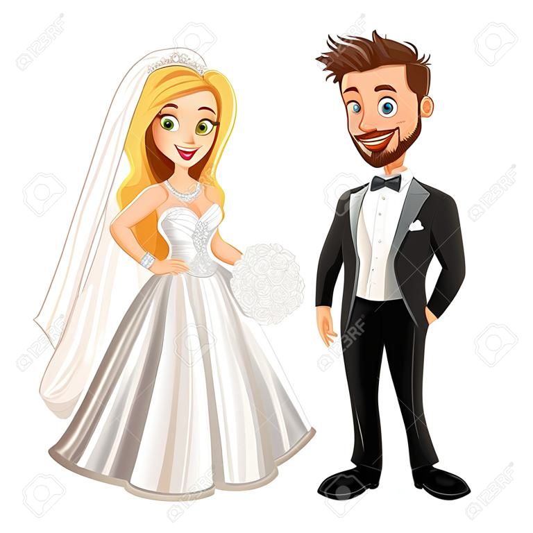 Noivo e noivo no dia do casamento. Vetor isolado personagens de desenhos animados.