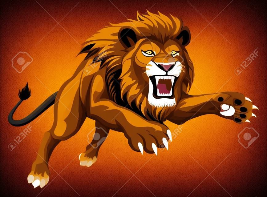 Angry lion is jumping. Vector cartoon illustration
